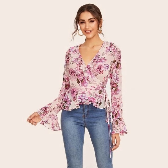Floral Print Ruffle Wrap Top - Picture 2 of 6